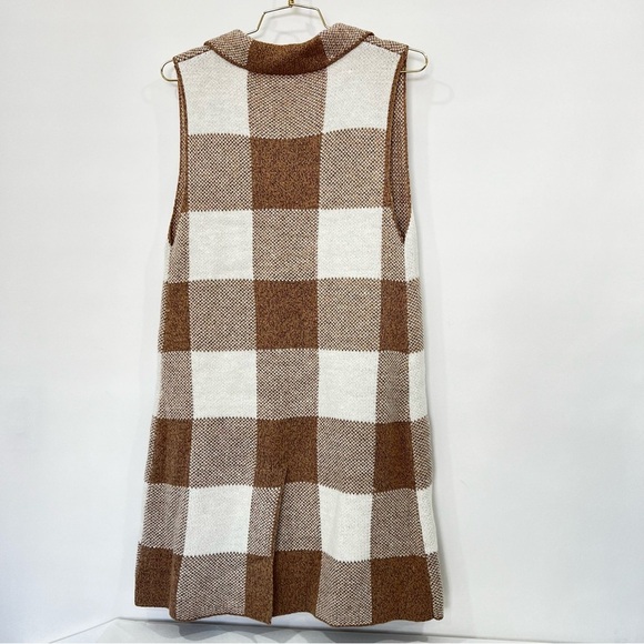 Open Front Sweater Vest Size Small Plaid Checks Khaki/Cream Beige Cable Knit - Picture 2 of 9